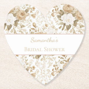 Cream White Bohemian Floral Bridal Shower Paper Coaster