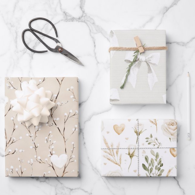 Cream White Bows Hearts Boho Floral Birthday Wrapping Paper Sheets (Front)
