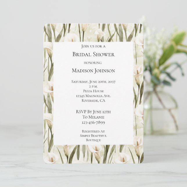 Cream White Calla Lily Floral Bridal Shower Invitation (Standing Front)