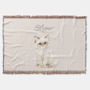Cream White Cat Glasses Throw Blanket