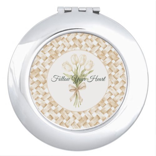 Cream White Faux Basket Weave   Compact Mirror