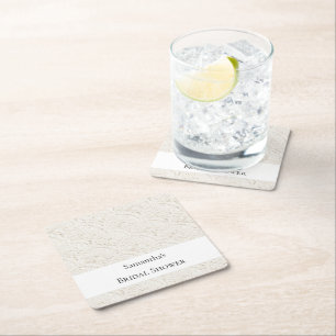 Cream White Faux Lace Bridal Shower Square Paper Coaster