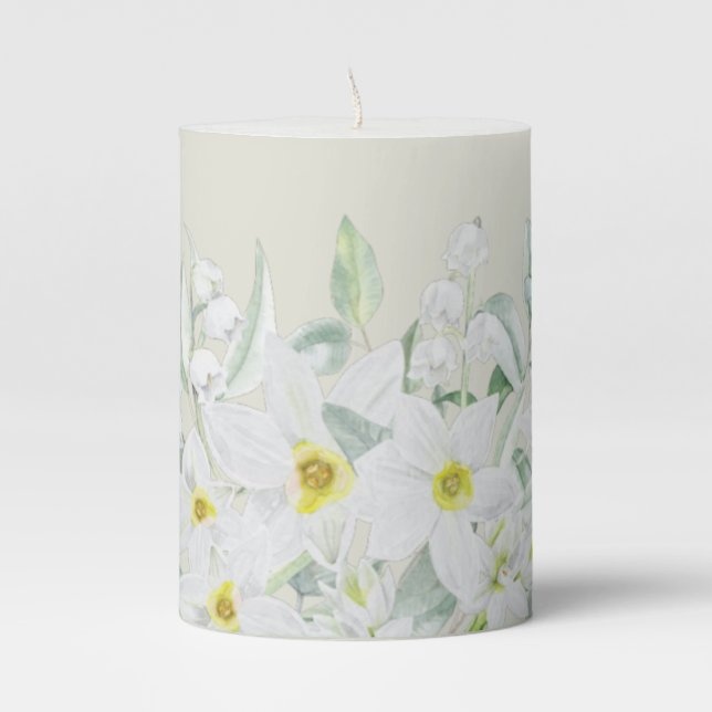 Cream White Floral Border Easter Pillar Candle (Front)