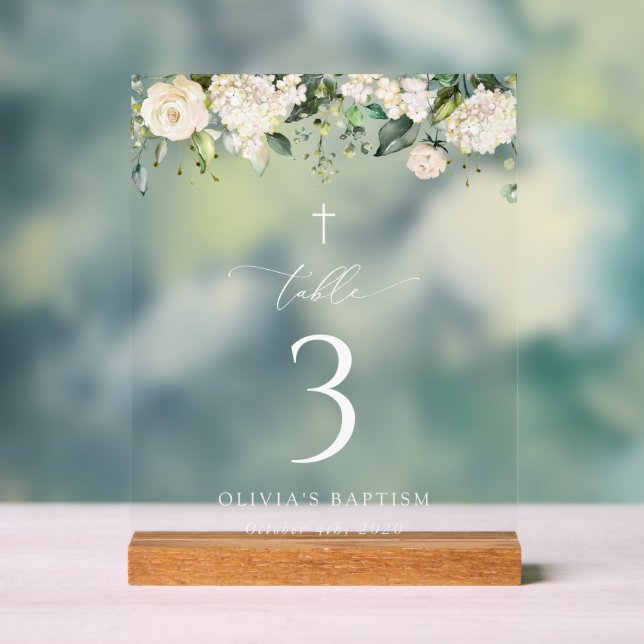 Cream White Flowers, Boho, Baptism Table Numbers Acrylic Sign (Neutral)