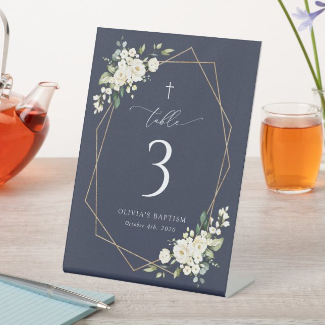 Cream White Flowers, Boho, Baptism Table Numbers Pedestal Sign (In SItu)