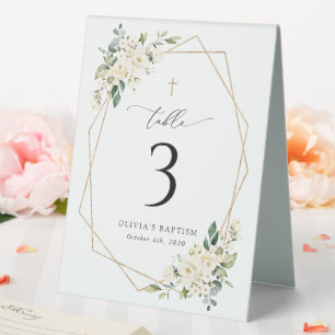 Cream White Flowers, Boho, Baptism Table Numbers Table Tent