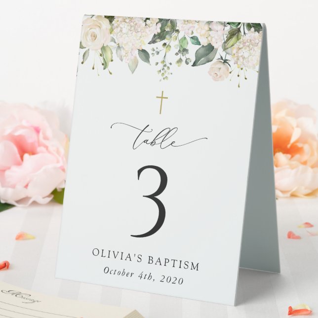 Cream White Flowers, Boho, Baptism Table Numbers Tent (In SItu (Wedding))