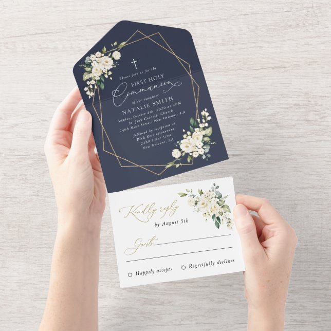Cream White Flowers, Boho, First Holy Communion All In One Invitation (Tearaway)