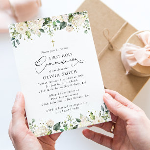 Cream White Flowers, Boho, First Holy Communion Invitation