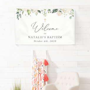 Cream White Flowers, Boho, Floral Baptism Welcome Banner