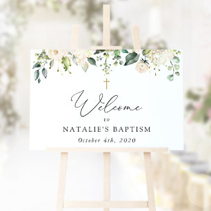Cream White Flowers, Boho, Floral Baptism Welcome Sign