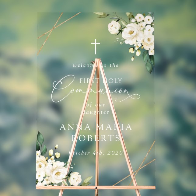Cream White Flowers, First Holy Communion Welcome Acrylic Sign (Neutral)