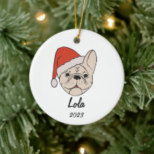 Cream/White Frenchie Santa Hat Christmas Ornament