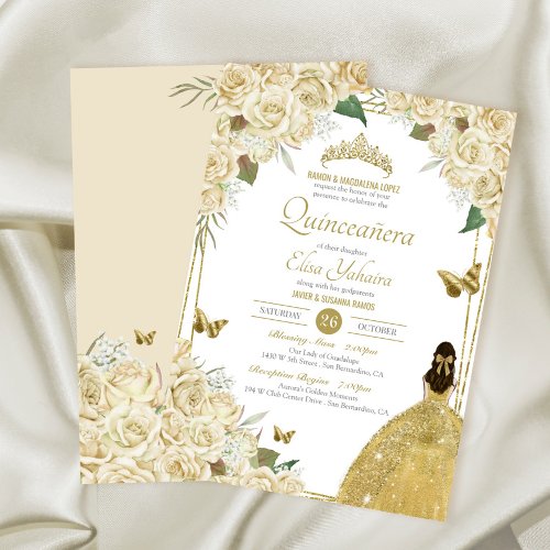 Cream White Gold Floral Butterfly Rose Quinceanera Invitation