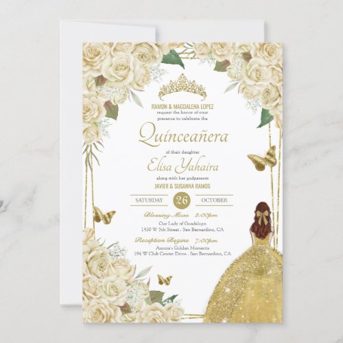 Cream White Gold Floral Butterfly Rose Quinceanera Invitation