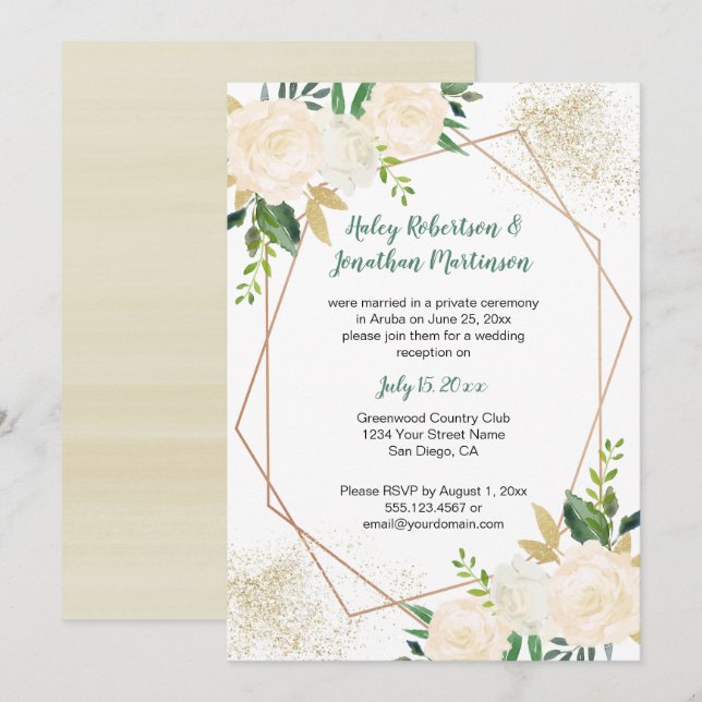 Cream White Gold Roses Geometric Reception Only | Invitation (Front/Back)