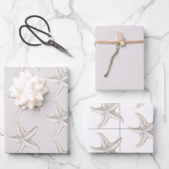 Cream White Gold Starfish Beach Bridal Shower Wrapping Paper Sheets (Front)