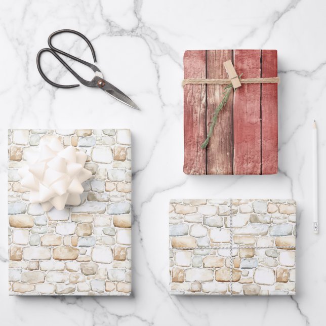 Cream White Grey Faux Stones Birthday Wrapping Paper Sheets (Front)