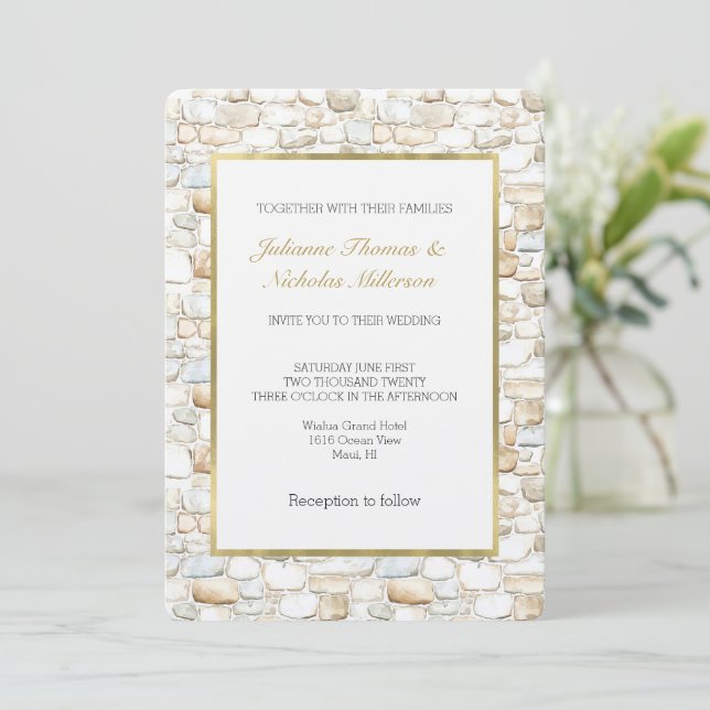 Cream White Grey Faux Stones Wedding   Invitation (Standing Front)