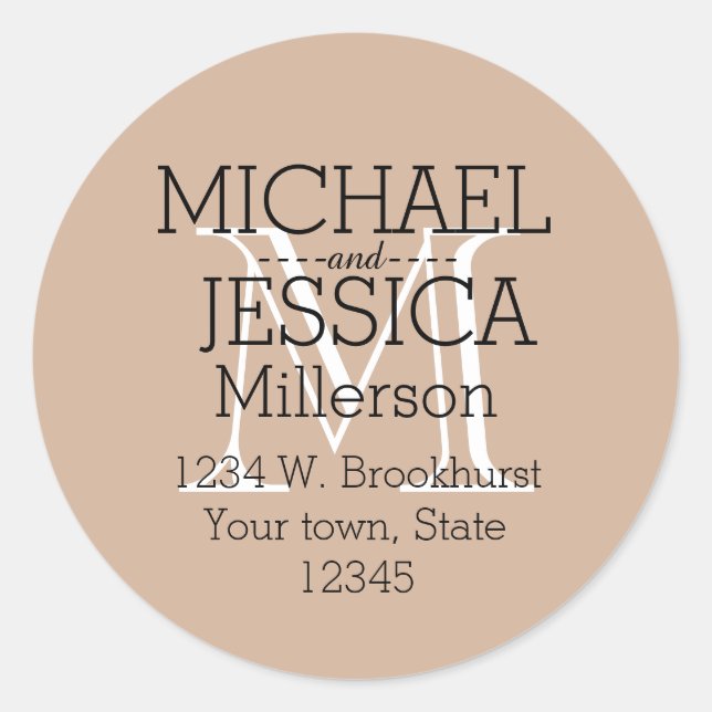 Cream White Monogram Personalized address Classic Round Sticker (Front)