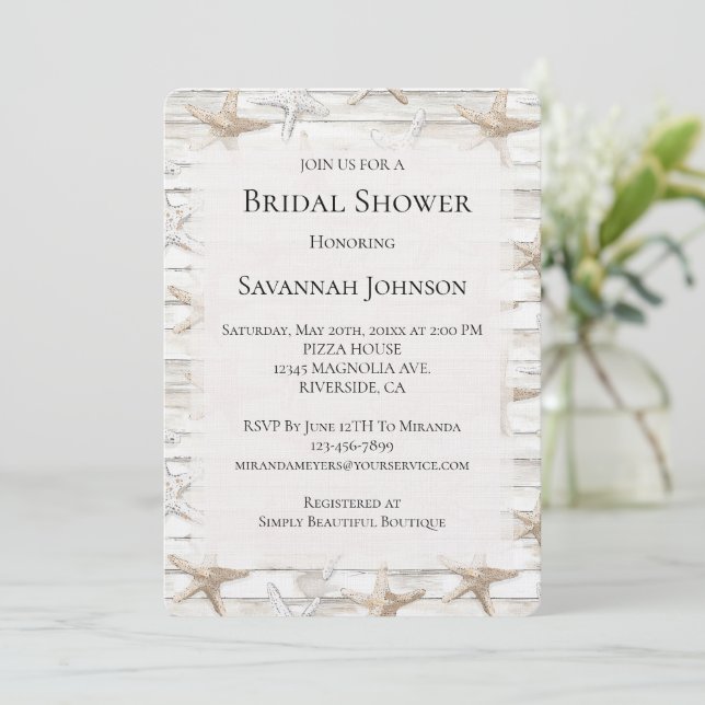 Cream White Ocean Starfish Beach Bridal Shower Invitation (Standing Front)