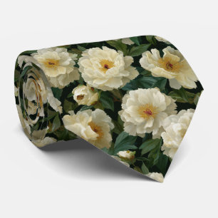 Cream White Peony Floral Pattern Neck Tie