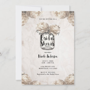 Cream White Peony Mason Jar Rustic Bridal Shower  Invitation