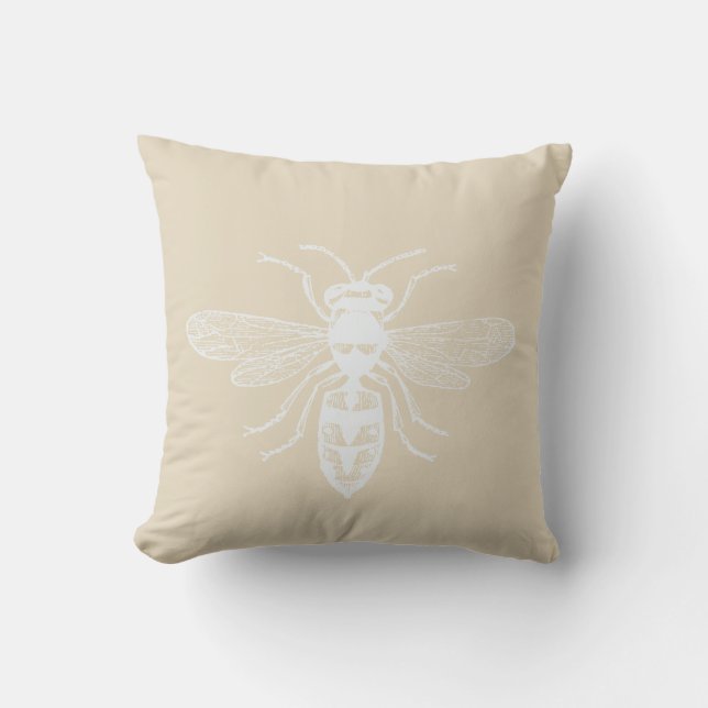 Cream White Personalized Bee Happy Throw Pillow (Front)