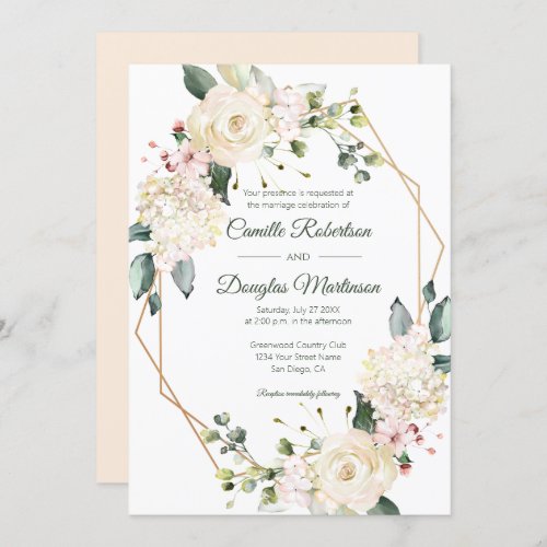 Cream White Pink Floral Geometric Wedding  Invitation