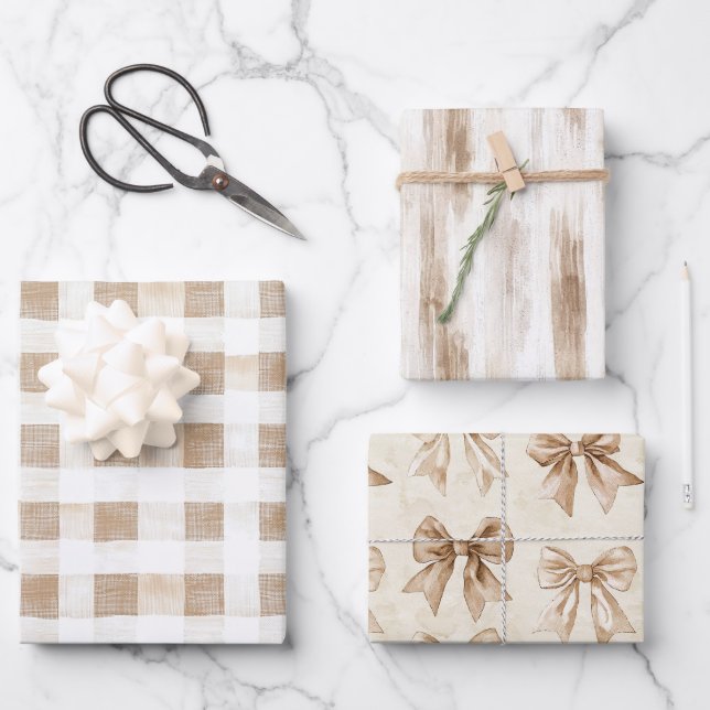 Cream White Plaid Stripes Floral Birthday Wrapping Paper Sheets (Front)