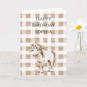 Cream White Plaid Stripes Floral Horse Birthday Card