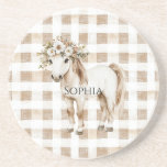 Cream White Plaid Stripes Horse Birthday Coaster