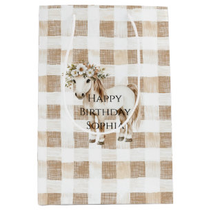 Cream White Plaid Stripes Horse Birthday Medium Gift Bag