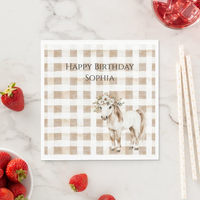 Cream White Plaid Stripes Horse Birthday Napkins (Insitu)