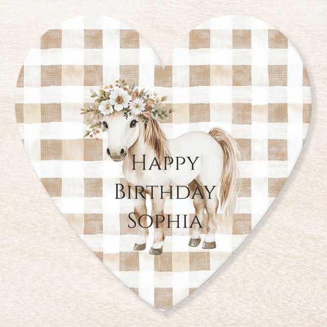 Cream White Plaid Stripes Horse Birthday Paper Coaster (Front)
