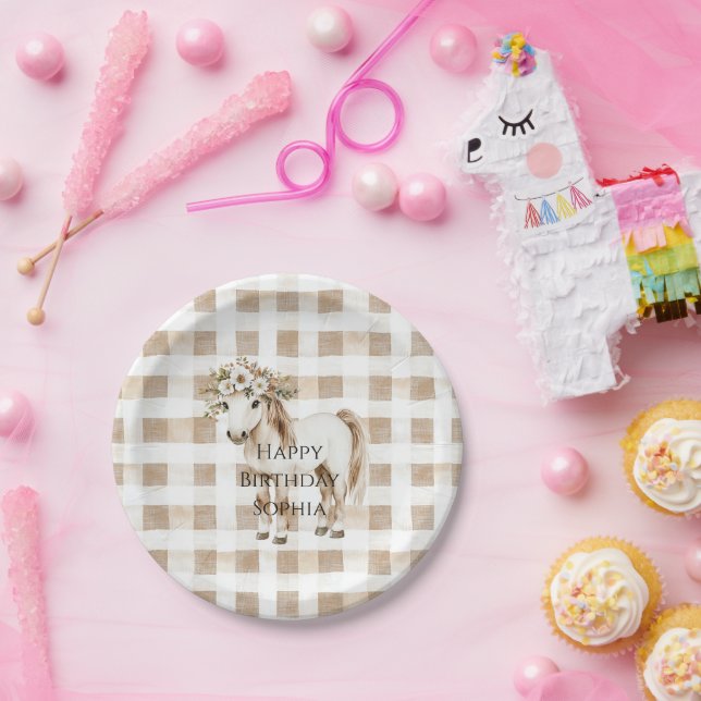 Cream White Plaid Stripes Horse Birthday Paper Plates (Party)