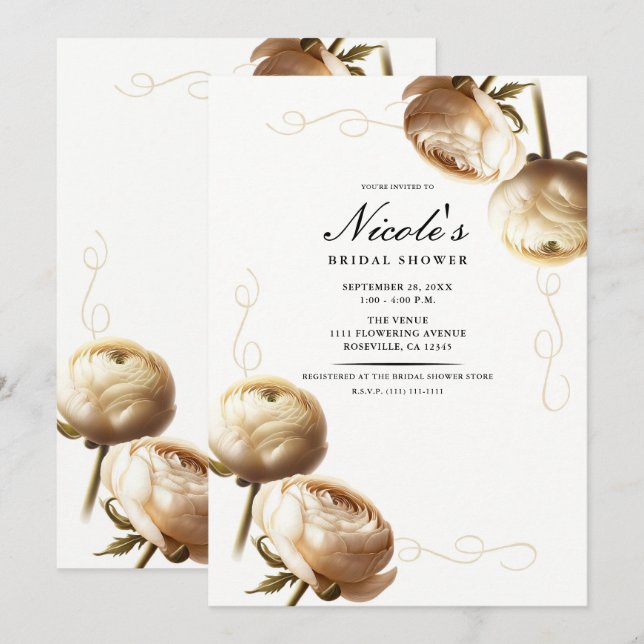 Cream & White Ranunculus Floral Bridal Shower Invitation (Front/Back)