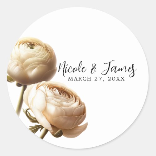 Cream  White Ranunculus Floral Wedding Classic Round Sticker