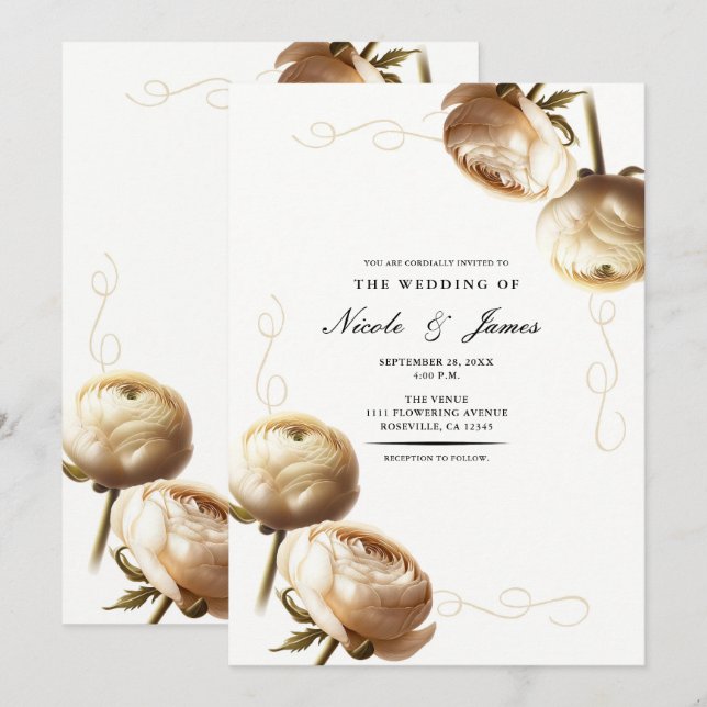 Cream & White Ranunculus Floral Wedding Invitation (Front/Back)