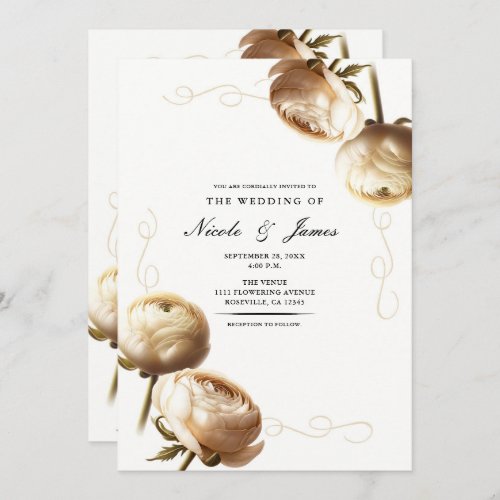 Cream  White Ranunculus Floral Wedding Invitation