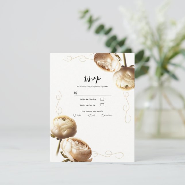 Cream & White Ranunculus Floral Wedding RSVP Invitation (Standing Front)