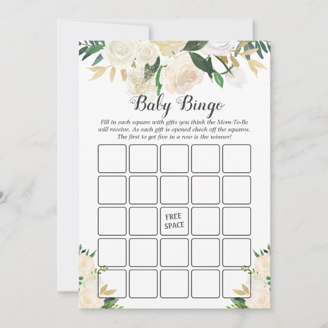 Cream White Rose Floral Baby Shower Bingo Game (Front)