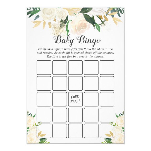 Cream White Rose Floral Baby Shower Bingo Game Invitation
