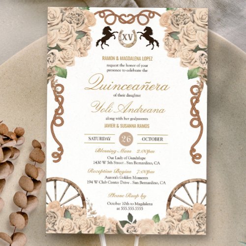 Cream White Rose Western Charro Quince Invitation