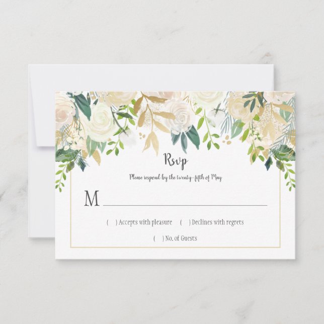 Cream White Roses Cascade Glitter Greenery RSVP | Card (Front)