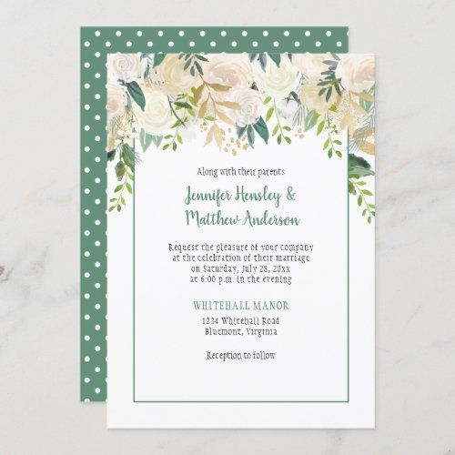 Cream White Roses Cascade Polka Dots Wedding Invitation