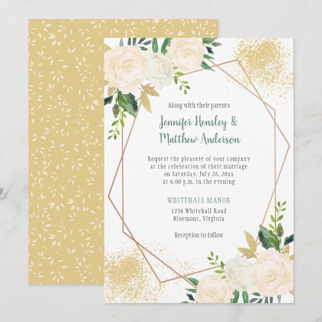 Cream White Roses Geometric Gold Geometric Invitation (Front/Back)