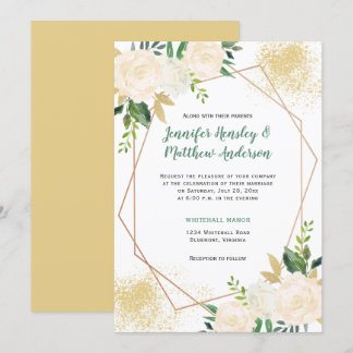 Cream White Roses Geometric Gold Glitter Invitation