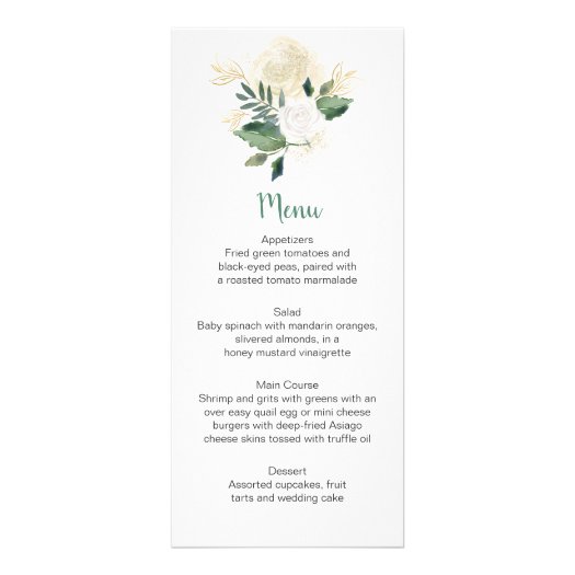 Cream White Roses Glitter Greenery Menu Cards