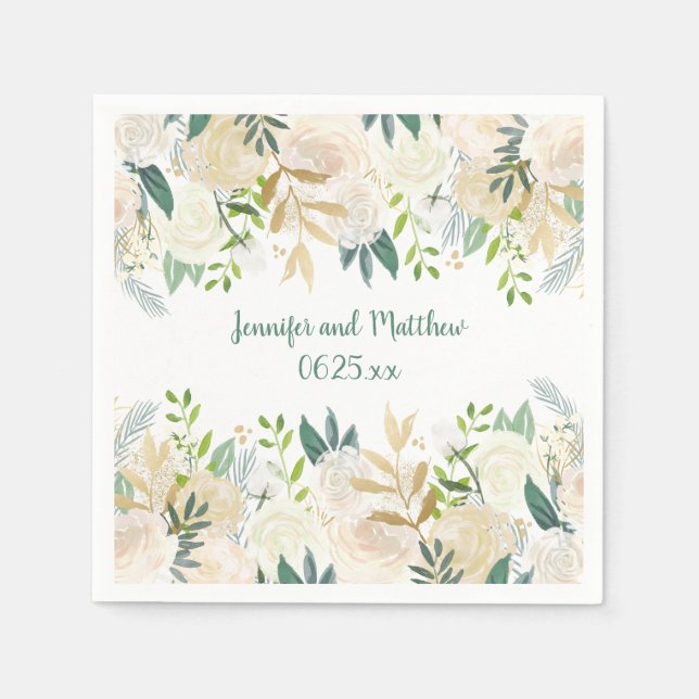 Cream White Roses Glitter Greenery Reception #2 | Paper Napkins (Front)